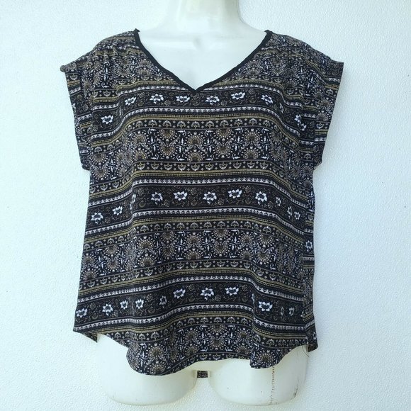 W5 Floral Striped Cap Sleeve Top Black Casual‎ - Picture 1 of 8
